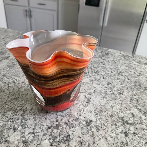 Blown glass wide mouth vase. Orange & brown hues. - Picture 2 of 3